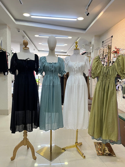 Square Neck Ruched Up Puffy Sleeves Long Maxi Dresses